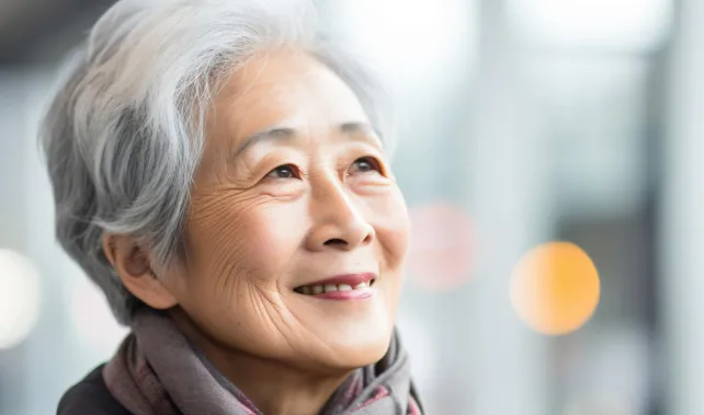 老年女性微笑展現多焦點人工晶體帶來的清晰視界